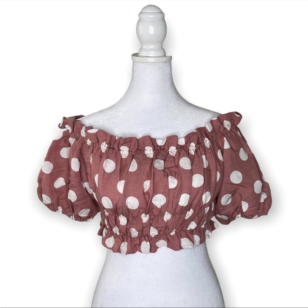 Zara Pink and Cream Linen Blend Off Shoulder Polka dot Crop Top Size XS
